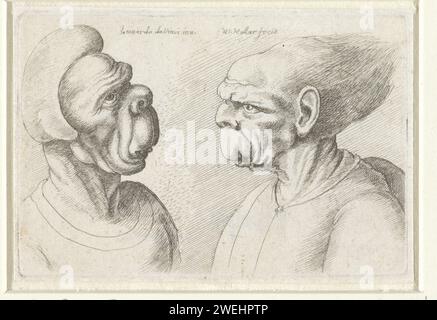 Two deformed Heads, Wenceslaus Hollar, After Leonardo Da Vinci, 1645 print   paper etching disabilities, deformations. caricatures (human types). head-gear Stock Photo