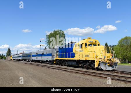 Elgin, OR, USA - May 24, 2023; Blue and yellow GP-7 locomotive at Wallowa Union Railroad in Elgin Oregon Stock Photo