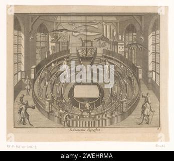 The Theatrum Anatomicum in Leiden seen from the inside, Anonymous, 1712 print The Theatrum Anatomicum (Anatomical Theater) in Leiden seen inside, as it looked at the time of the appearance of this print (1712). Several people are present in the room and skeletons of people and animals are set up. Stuffed animals hang on the ceiling. Numbered in the bottom right: 8.  paper etching University. dissecting-room, 'theater anatomical' Theater anatomicum Stock Photo