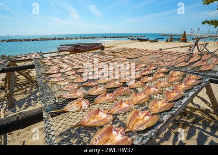 Sun-dried and deep-fried fish in a quaint fishing village brings to life the coastal tradition of transforming freshly caught fish into delectable del Stock Photo
