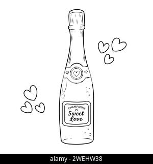 Vector illustration of champagne bottle for valentine's day. Sketch of festive bottle and hearts. Colouring book page Stock Vector