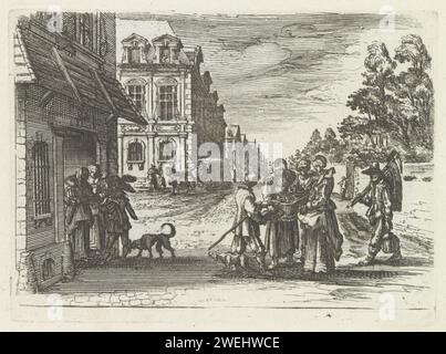 Cityscape with various figures, 1787 - 1833 print View of a street in a city with left houses. A carriage drives through the street with two horses. In the foreground a merchant. Two ladies and one man view the merchandise. On the left is a man at two ladies at the door. Two dogs bark at each other. The print is part of an album.  paper etching street (+ city(-scape) with figures, staffage). dog. street-trader - BB - women engaged in trade and commerce. urban housing. passenger carriage Stock Photo