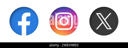 Social media app icon set. Facebook, Instagram and X, former Twitter. Circle button with inner dropped shadow vector icons. Stock Vector