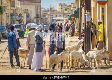 People socialize at the market in central Asmara, Eritrea, East Africa. Stock Photo