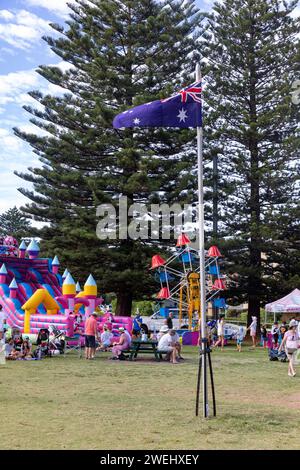 Australia Day breakfast at Newport Beach reserve on Sydney's northern beaches, australians gather on this public holiday to celebrate  the official national day of Australia. Observed annually on 26 January, it marks the 1788 landing of the First Fleet and raising of Great Britain's Union Flag by Arthur Phillip at Sydney Cove in New South Wales. 26th January 2024 Sydney Australia, credit Martin Berry@alamy live news. Stock Photo