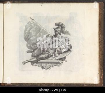 Soldier with the banner of Venice, Robert van Audenaerd, 1673 - 1743 print A console with a soldier lying on his shield and in his hands a banner with the weapon of Venice: a winged lion. The print is part of an album.  paper engraving lion (possibly with book)  symbol of St. Mark. the soldier; the soldier's life Venice Stock Photo