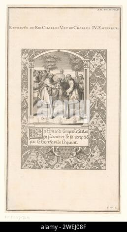 Meeting between King Charles V and Emperor Charles IV, 1378, Anonymous, 1650 - 1799 print Meeting between the French king Charles V and Roman-German Keizer Karel IV, 1378. Print to a painted miniature in a book. At the top right marked: x pl. Tom III. P. 40.  paper etching introducing. shaking hands, 'dextrarum junctio' Westrozebeke Stock Photo