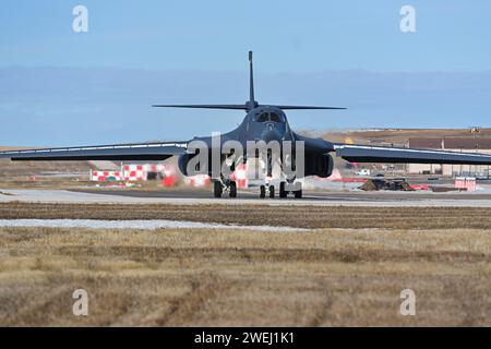 A B-1B Lancer assigned to the 37th Bomb Squadron taxis on the flightline at Ellsworth Air Force Base, South Dakota, Jan. 25, 2024. The flights are the first missions since the base’s airfield was closed Jan. 4 following the bomber crash where all four aircrew safely ejected. (U.S. Air Force photo by Staff Sgt. Jake Jacobsen) Stock Photo