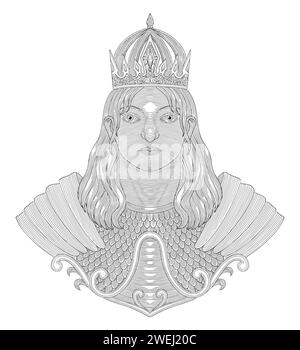 Portrait of Young King with ornament decoration, Vintage engraving drawing illustration Stock Vector