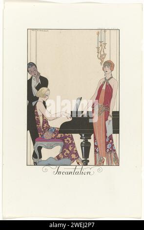 Joie de vivre: Falbalas and Fanfrelaches, George Barbier, 1923 magazine Singer, standing next to a wing that is played by a young woman. A man is listening. The company is dressed according to French fashion of the 1920s. Both women in Avondjapon, the Lord in Rokkostuum. Print from the Falbalas & Fanfreluches series (1922-1926).  paper  fashion plates. dress, gown: evening dress (+ women's clothes). one person playing keyboard instrument. grand piano. diadem, tiara (+ women's clothes). Stock Photo