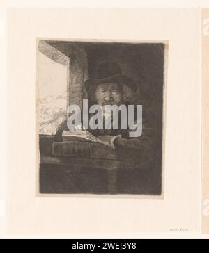 Self-Portrait Etch at A Window, Anonymous, After Rembrandt van Rijn, After 1648 print   paper etching / drypoint draughtsman at work. portrait, self-portrait of draughtsman Stock Photo