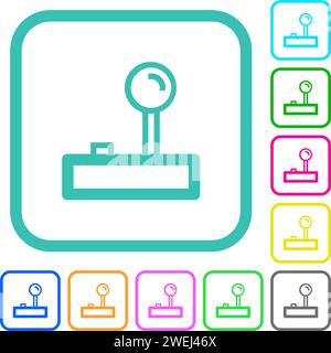 Retro joystick outline vivid colored flat icons in curved borders on white background Stock Vector