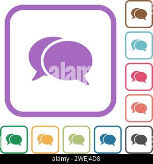 Two oval chat bubbles solid simple icons in color rounded square frames on white background Stock Vector