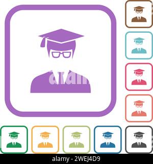 Graduate male avatar simple icons in color rounded square frames on white background Stock Vector
