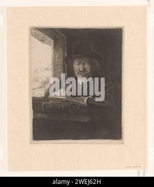 Self-Portrait Etch at A Window, Anonymous, After Rembrandt van Rijn, After 1648 print   paper etching / drypoint draughtsman at work. portrait, self-portrait of draughtsman Stock Photo