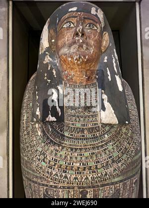 View of the remains of an ancient Egyptian Sarcophagus on display at ...