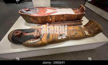 View of the remains of an ancient Egyptian Sarcophagus on display at ...