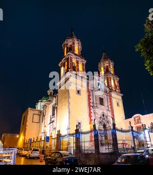 Church of the Congregation of Our Lady of Guadeloupe in Santiago de Queretaro, Mexico, at night Stock Photo