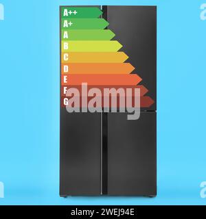 Energy efficiency rating label and refrigerator on light blue background Stock Photo