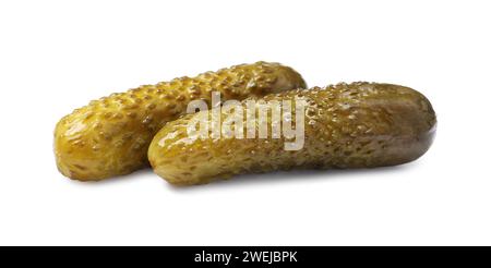 Two tasty pickled cucumbers isolated on white Stock Photo