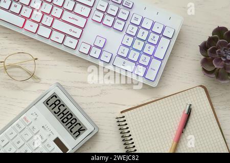 Calculator with word Cashback, computer keyboard, notebook, pen and houseplant on wooden table, flat lay Stock Photo