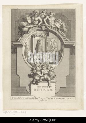 Figures kneeling for madonna statue, Jan Goeree, 1724 print A group of men and women are kneeling for a Madonna statue. Left and right are figures for other religious artworks in the interior. Around a frame with saters and putti.  paper engraving kneeling figure. Madonna: Mary standing (or half-length), Christ-child close to her bosom Stock Photo