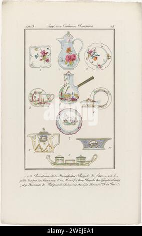 Diary of ladies and fashions, deleted. to Parisian costumes, 1913, No. 74: 1.2.3. Manufacturing porcelain (...), 1913  Ten different types of crockery components. According to the caption, number 1, 2.3: porcelain of the 'Manufacture Royale de Saxe'. Number 4.5.6: 'Pâte Tendre' by Mennecy. Number 8 and 10: 'Manufacture Royale de Nymphenbourg'. Numbers 7 and 9: 'Faïensences' (pottery with tinglaze) of Wedgwood. To be found (or for sale?) At Géo Rouard. Print from the fashion magazine Journal des Dames et des Modes (1912-1914).  paper engraving fashion plates. dish, plate, saucer. cup and saucer Stock Photo