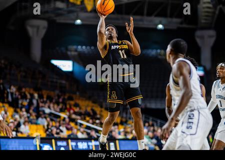 Boone, NC, USA. 25th Jan, 2024. Appalachian State Mountaineers forward Donovan Gregory (11) shoots against the Georgia Southern Eagles in the NCAA basketball matchup at Holmes Center in Boone, NC. (Scott Kinser/CSM). Credit: csm/Alamy Live News Stock Photo