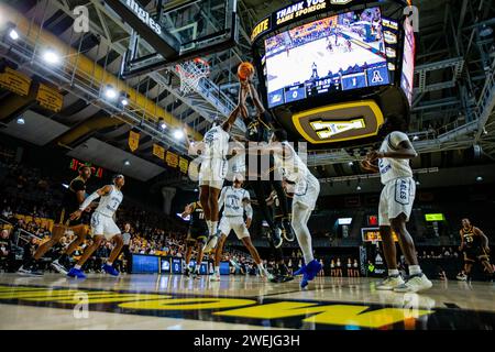 Boone, NC, USA. 25th Jan, 2024. Appalachian State Mountaineers forward TreVon Spillers (24) grabs the rebound against the Georgia Southern Eagles in the NCAA basketball matchup at Holmes Center in Boone, NC. (Scott Kinser/CSM). Credit: csm/Alamy Live News Stock Photo