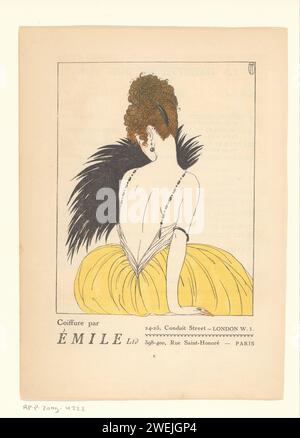 Gazette du Bon Ton, 1920 - No. 2, X: Hairstyle by Émile, c. 1920 print Advertisement for Coiffeur Emile, in Paris and in London. Sitting woman in yellow evening gown, seen on the back, with black fan. In Gazette du Bon, March 1920, No. 2.  paper letterpress printing fashion plates. styles of hairdress - AA -  women. ear-rings (+ women's clothes). bracelet, wristlet (+ women's clothes) Stock Photo