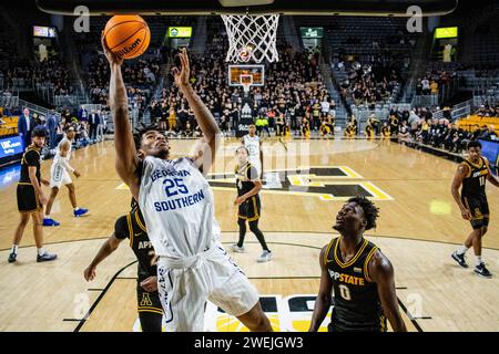 Boone, NC, USA. 25th Jan, 2024. Georgia Southern Eagles forward Avantae Parker (25) shoots against the Appalachian State Mountaineers in the NCAA basketball matchup at Holmes Center in Boone, NC. (Scott Kinser/CSM). Credit: csm/Alamy Live News Stock Photo