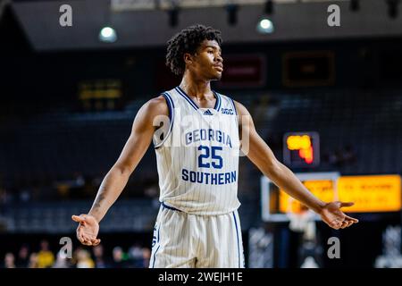 Boone, NC, USA. 25th Jan, 2024. Georgia Southern Eagles forward Avantae Parker (25) reacts to the call in the NCAA basketball matchup against the Appalachian State Mountaineers at Holmes Center in Boone, NC. (Scott Kinser/CSM). Credit: csm/Alamy Live News Stock Photo