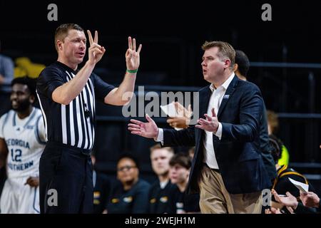 Boone, NC, USA. 25th Jan, 2024. Appalachian State Mountaineers head coach Dustin Kerns reacts to the call in the NCAA basketball matchup against the Georgia Southern Eagles at Holmes Center in Boone, NC. (Scott Kinser/CSM). Credit: csm/Alamy Live News Stock Photo