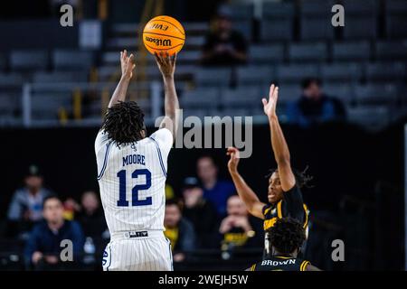 Boone, NC, USA. 25th Jan, 2024. Georgia Southern Eagles guard Tyren Moore (12) shoots against the Appalachian State Mountaineers in the NCAA basketball matchup at Holmes Center in Boone, NC. (Scott Kinser/CSM). Credit: csm/Alamy Live News Stock Photo