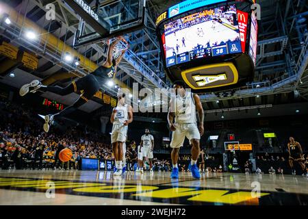 Boone, NC, USA. 25th Jan, 2024. Appalachian State Mountaineers forward CJ Huntley (15) dunks against the Georgia Southern Eagles in the NCAA basketball matchup at Holmes Center in Boone, NC. (Scott Kinser/CSM). Credit: csm/Alamy Live News Stock Photo