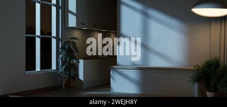 A home indoors corridors through a modern, spacious kitchen at night with dim lighting. 3d render, 3d illustration Stock Photo