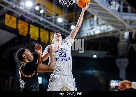 Boone, NC, USA. 25th Jan, 2024. Georgia Southern Eagles forward Nate Brafford (23) shoots against the Appalachian State Mountaineers in the NCAA basketball matchup at Holmes Center in Boone, NC. (Scott Kinser/CSM). Credit: csm/Alamy Live News Stock Photo