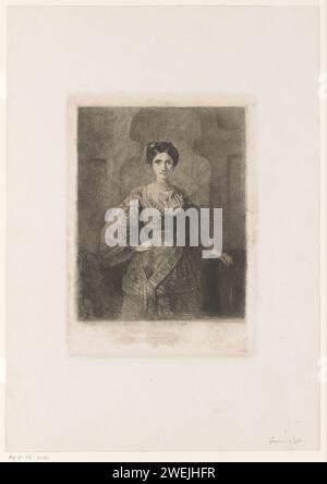 Portrait of an unknown young woman in Turkish traditional costume, Adolphe Alexandre Dillens, 1831 - 1877 print   paper. etching adolescent, young woman, maiden. standing figure - AA - female human figure. historical persons Stock Photo