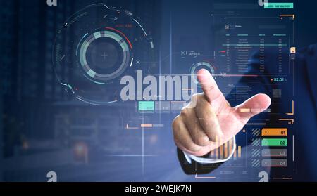 Businessman touching modern futuristic digital virtual touch screen while analysing business information Stock Photo