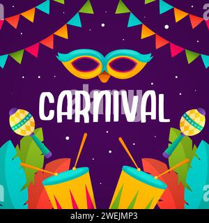 gradient carnival illustration vector design with mask, leaves, and traditional music instrument Stock Vector