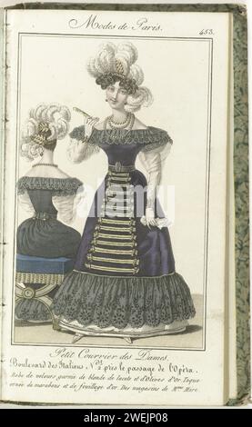 Little mail of the ladies, February 15, 1829, no. 617: blonde dress ...,  1829 Woman in a blonde dress (bobbin). Coiffure van Nardin, decorated with  feathers from the Pontier stores. Seen the