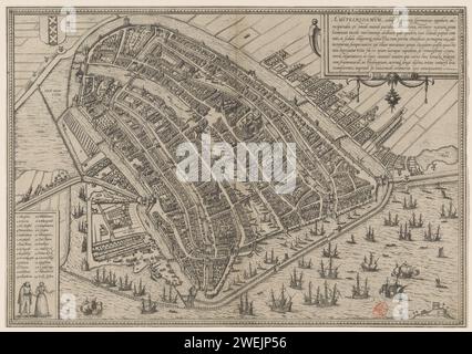 Map of Amsterdam, Frans Hogenberg, Cornelis Anthonisz., 1572 print Map in a nutshell perspective. At the top left the Wapen van Amsterdam. Bottom left a cartouche with the legend 1-28 and two figures in costume. At the top right the title cartouche. Orientation: West Southwest Boven. On Verso Latin text.  paper etching / engraving / letterpress printing maps of cities. coat of arms (as symbol of the state, etc.) (+ city; municipal). folk costume, regional costume Amsterdam Stock Photo