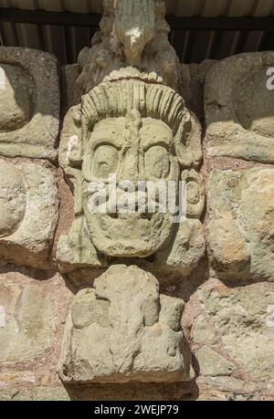 Ancient Old Man’s Head, Copan Ruinas, Honduras Stock Photo