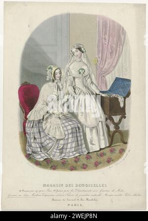 Demoiselle store, April 25, 1848, 1848  Two women at a 'Corbeille de Mariage' or Bridal Mand. The bride wears a wedding gown with long sleeves, pointed body and pleated wide skirt. A veil on the head. She shows a bracelet to the sitting woman. This wears a small shoulder mantle on a checkered skirt. On the head a canopy hat with bow ribbons. Under the performance some lines of information about the fashion magazine. Print from the fashion magazine Magasin des Demoiselles (1844-1896).  paper steel engraving fashion plates. dress, gown (+ women's clothes). head-gear (+ women's clothes). veil (+ Stock Photo