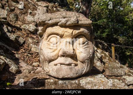 Ancient Old Man’s Head, Copan Ruinas, Honduras Stock Photo