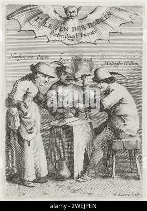 Three farmers play a card game, 1630 - 1665 print Three farmers, each with name, play a card game. Above their head a bat with spread wings on which the title of the series is. Title print (unnumbered) for a twelve -part series of prints with performances by farmers.  paper engraving / etching farmers. playing-cards. flying mammals: bat Stock Photo