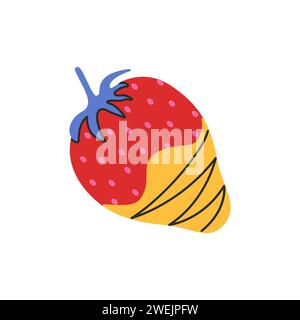 Strawberry in chocolate. Flat vector illustration. Groovy style. Good for stickers, cards design, tags, clipart Stock Vector