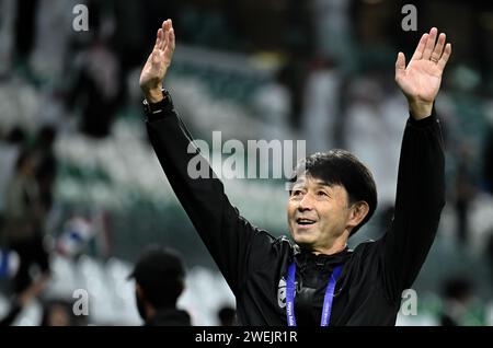 Doha, Qatar. 25th Jan, 2024. Thailand's head coach Ishii Masatada greets spectators after the Group F match between Saudi Arabia and Thailand at AFC Asian Cup Qatar 2023 in Doha, Qatar, Jan. 25, 2024. Credit: Sun Fanyue/Xinhua/Alamy Live News Stock Photo