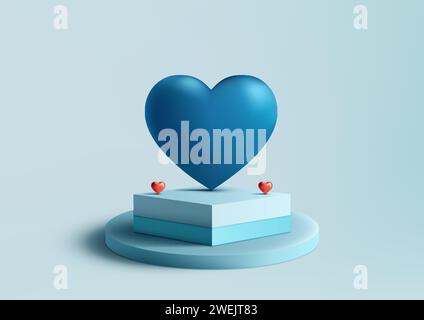 Valentine's Day display with this 3D blue podium mockup. Red and Blue Heart glossy elements with blue background, perfect for showcasing products, bra Stock Vector