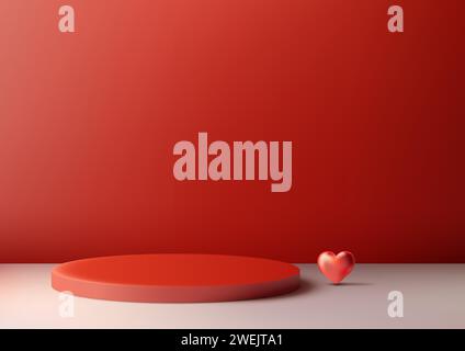 Valentine's Day products display, 3D red podium mockup adorned with red hearts on red background. Vector illustration Stock Vector